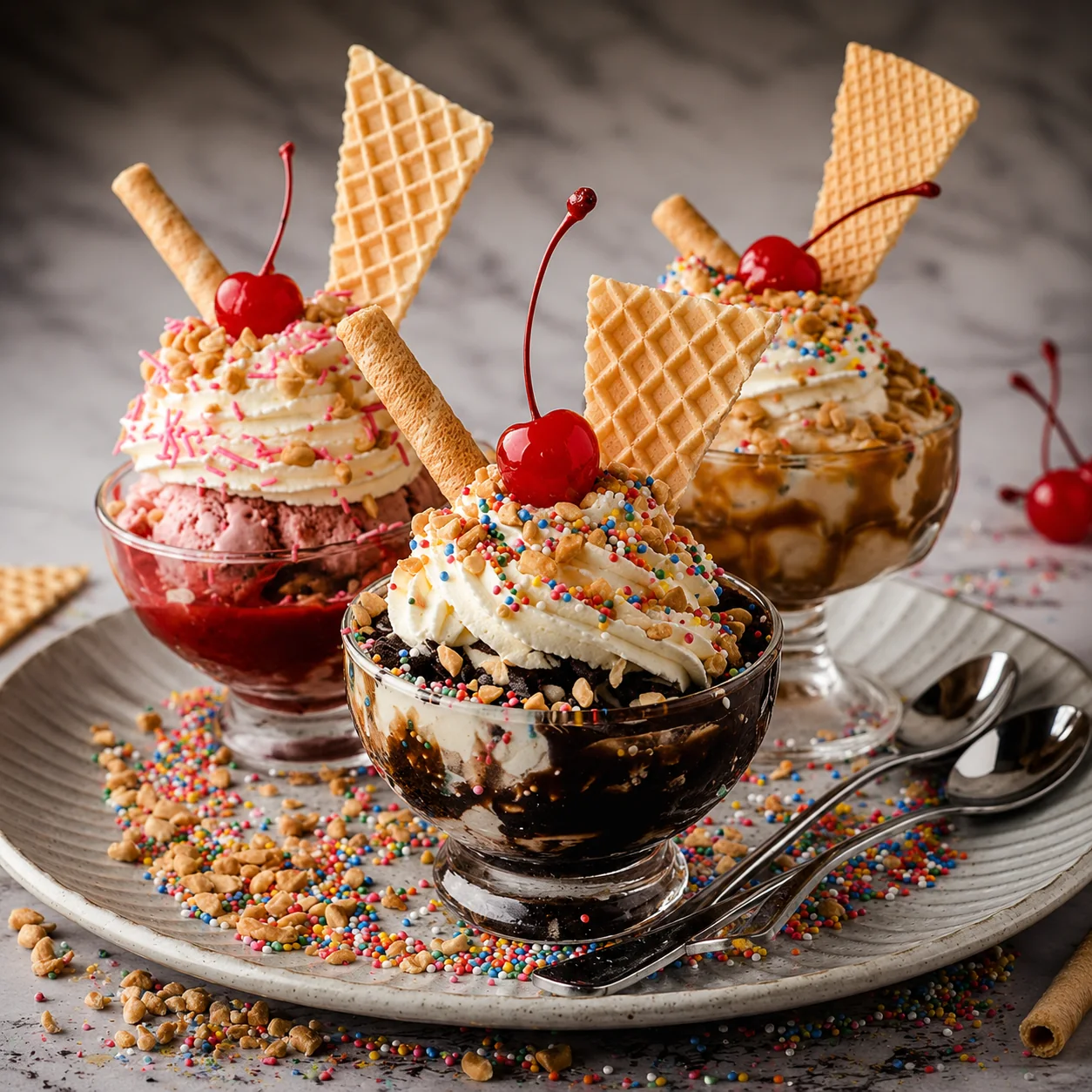 Sundaes in glass coupes with cream, wafer, nuts and a cherry