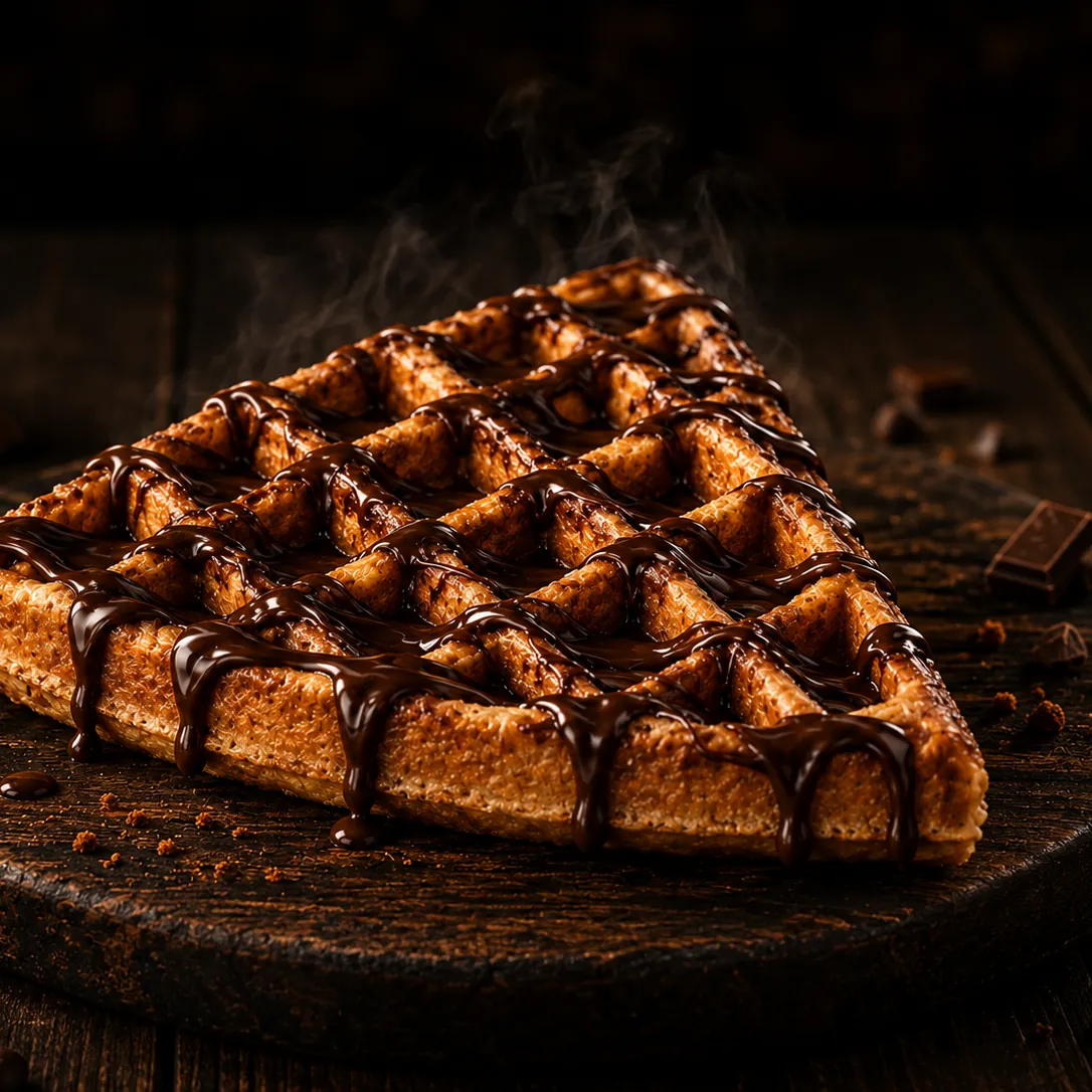 A Belgian waffle slice under a heavy chocolate drizzle