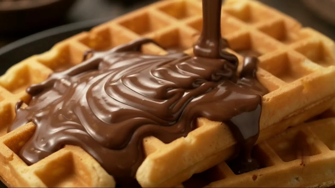 Warm chocolate being poured over a Belgian waffle